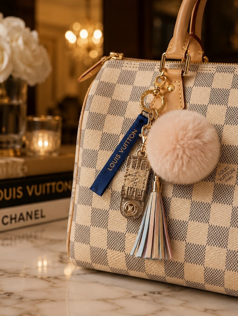 Luxury Pink Fur Pom Pom Keychain with White Tassel and Blue Ribbon